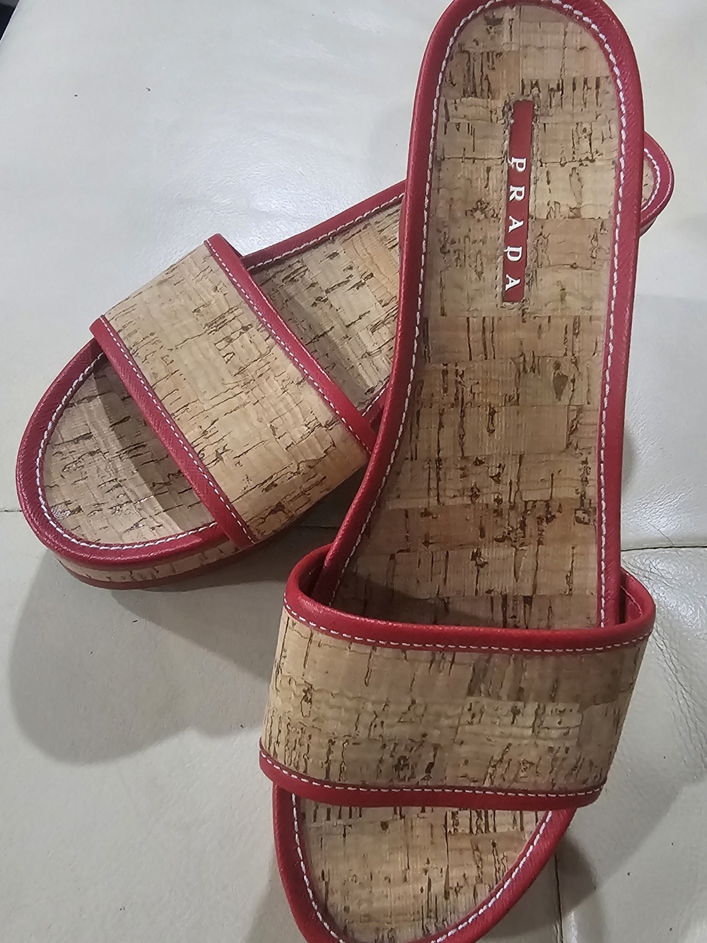 Prada Women's Cork Slide Sandals in Red Trim